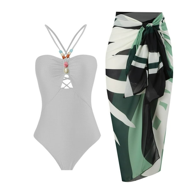 MKLEKYY Trajes De Baño Mujer Short Women 1 Piece Swimwear+1 Piece Cover Up Two Piece Vintage Print Swimsuit Monokini Bikini 2 Piece Swimsuits Two Piece Tankini Set 1042