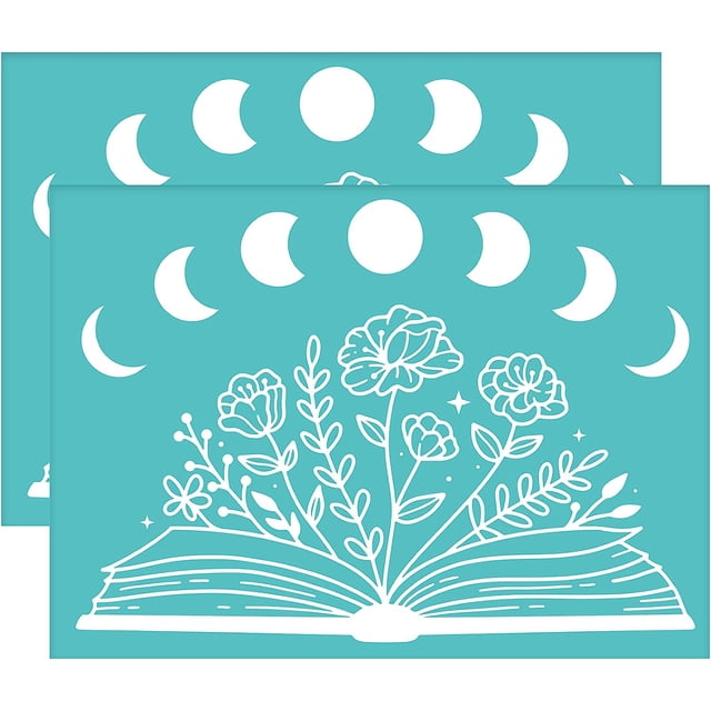 2 plantillas autoadhesivas para serigrafía - Diseños de flores, libros y lunas. Lavables y reutilizables.