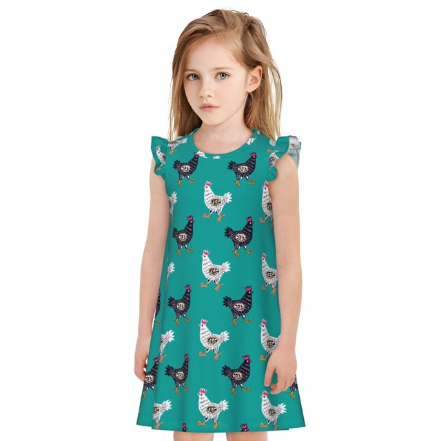 Fotbe Funny Chicken Vestido de Dormir para Niñas de 3 a 10 Años, Mangas Cortas, Estilo Princesa, Pijama Camisón con Mangas Voladas-X-Large
