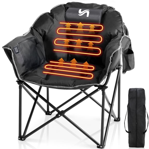 ABORON Heated Camping Chairs for Adults, Oversized Padded Folding Chair with Adjustable Heating, Portable Heated Lawn Chair for Outdoor, Camping Black
