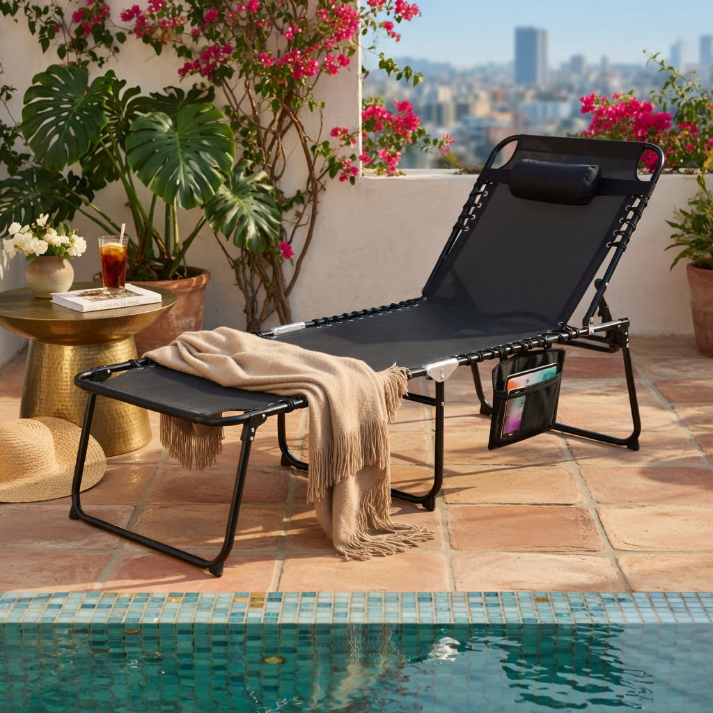 Hommoo 4-Position Adjustable Folding Lounge Chair, Chaise with Detachable Headrest, Side Pocket & Anti-Slip Feet for Poolside, Backyard, Camping, Black