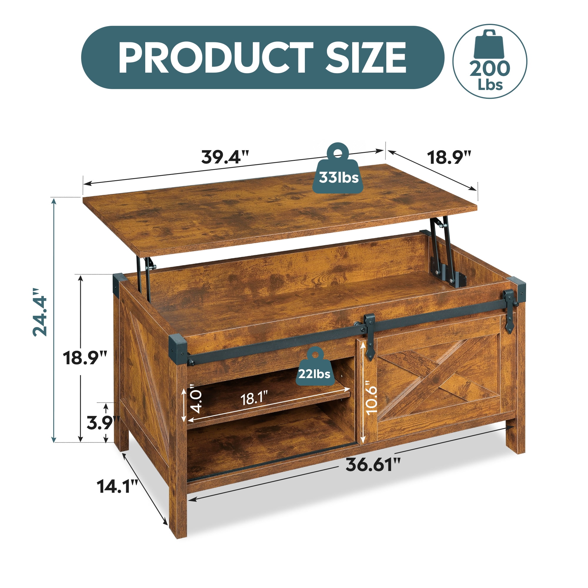 GALAXHERO 39.4" Farmhouse Large Coffee Table Lift Top Coffee Table with Hidden Storage Compartment Sliding Barn Doors Modern Wood Center Table for Living Room Rustic Brown