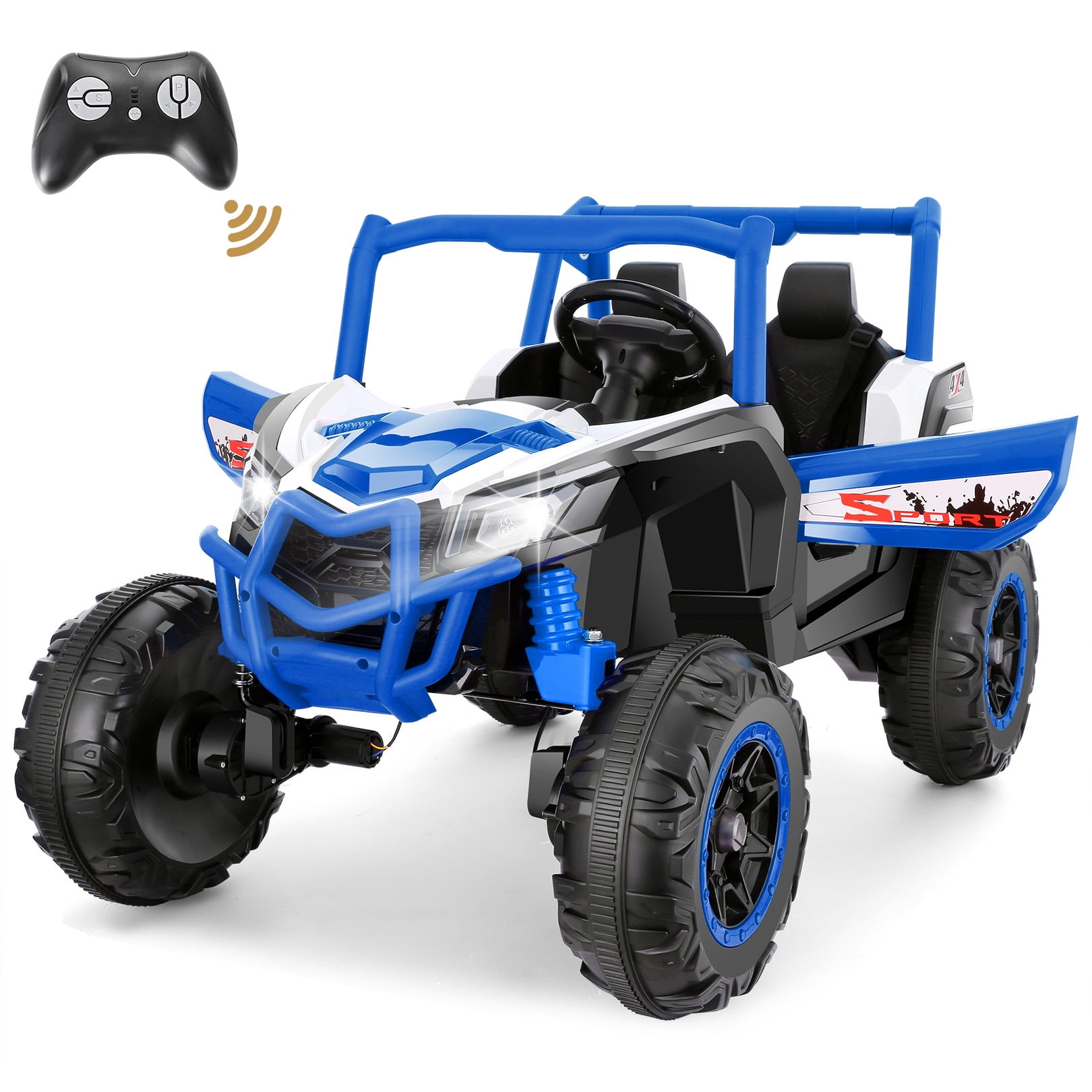 Farmdex 4WD 24V Ride on Toys 2 XL Seater Kids Ride on Cars w/ Remote Control, 4*200W Motor, Electric Off-Road UTV 7AH Battery Powered 4-Wheeler Vehicle w/ Bluetooth, Music, 3-Speed, LED Light, Blue