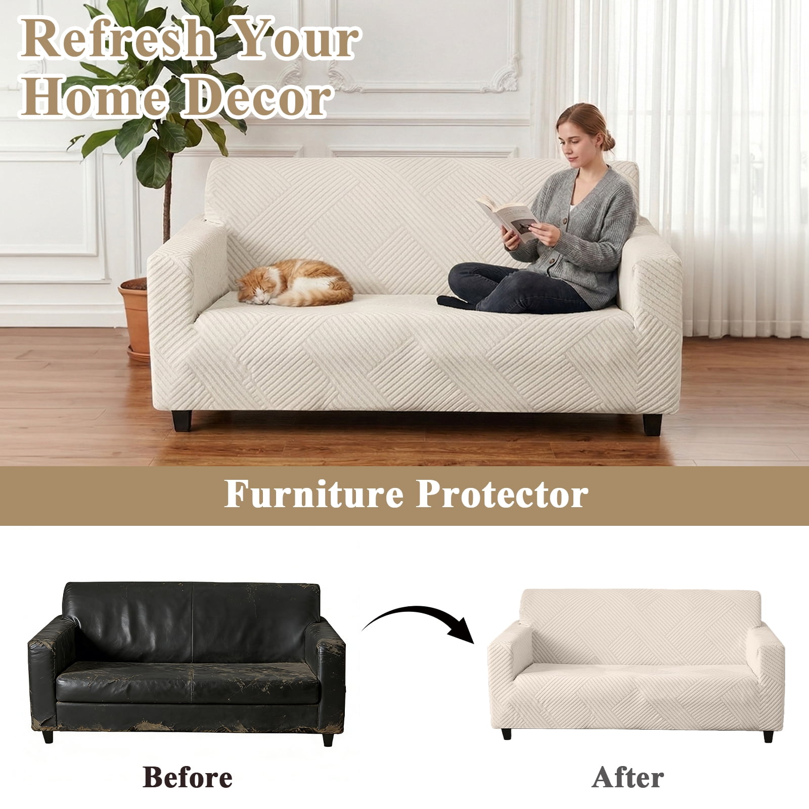 MeyJey Waterproof Sofa Cover, Slipcover for Loveseat Sofa, Stretch Furniture Protector for Kids Dogs Cats Pets, Beige White