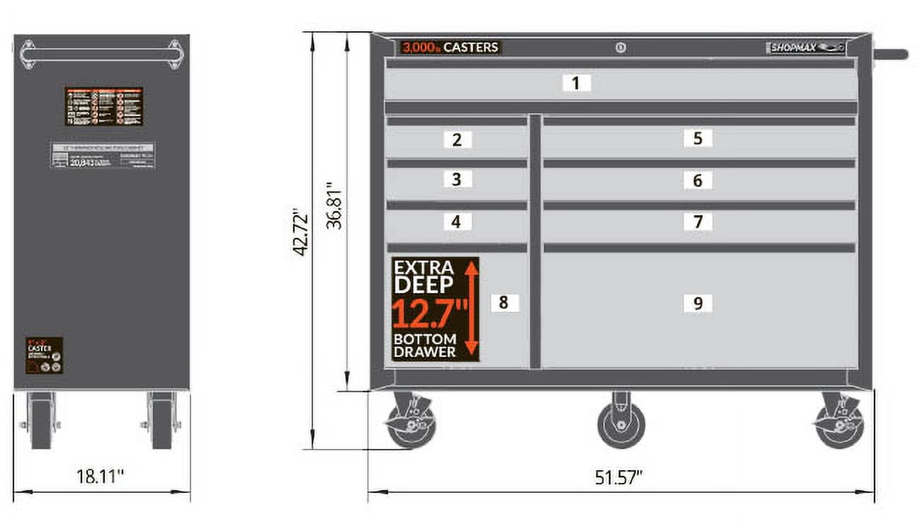 SHOPMAX Lockable Tool Boxes and Organizers, Steel Black, 51.57" x 18.11" x 42.72", 209.9 lb