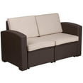 thumbnail image 1 of Chocolate Brown Faux Rattan Loveseat with All-Weather Beige Cushions, 1 of 9