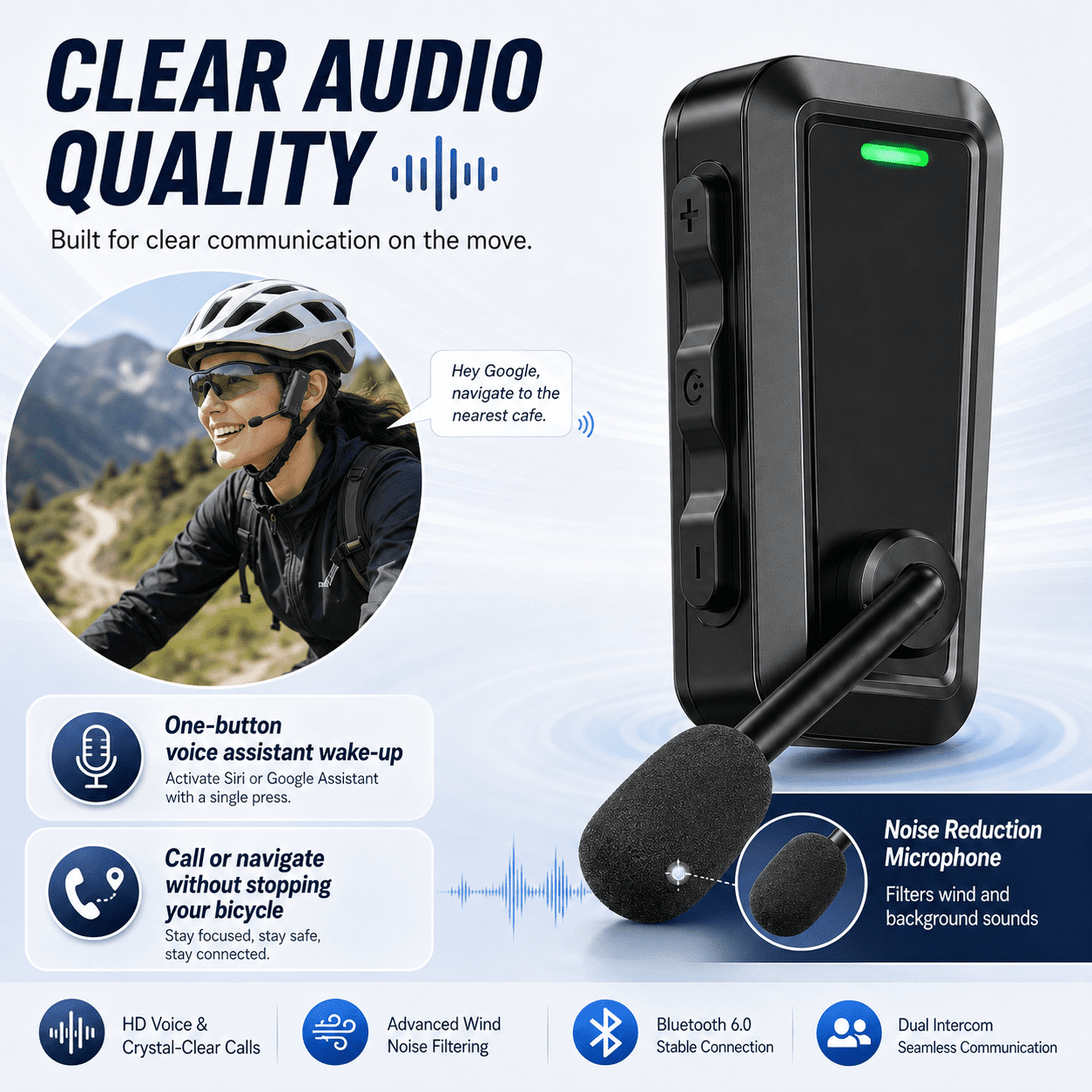 C10 Bluetooth Intercom Headset for Cycling, 2-Person Wireless Communication up to 520m, IPX5 Waterproof Helmet and Cap Clip Headset with Noise Reduction Mic, 10H Playtime, 18g