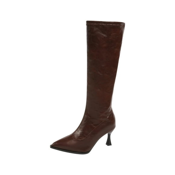 Xfvqtps Womens Knee High Boots Pointed Toe Stiletto Heel Side Zip Closure Slim Fit Stretch Faux Leather Dress Boots Office Party Winter Boots Brown