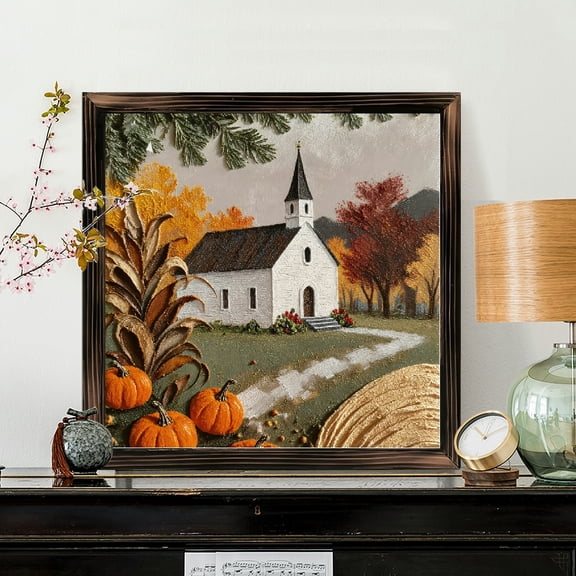 8x8 Inch Framed Wood Wall Art, Textured Autumn Church Folk Art Painting, Square Rustic Harvest Scene with Pumpkins and Wheat for Fall Home Decor 1pc