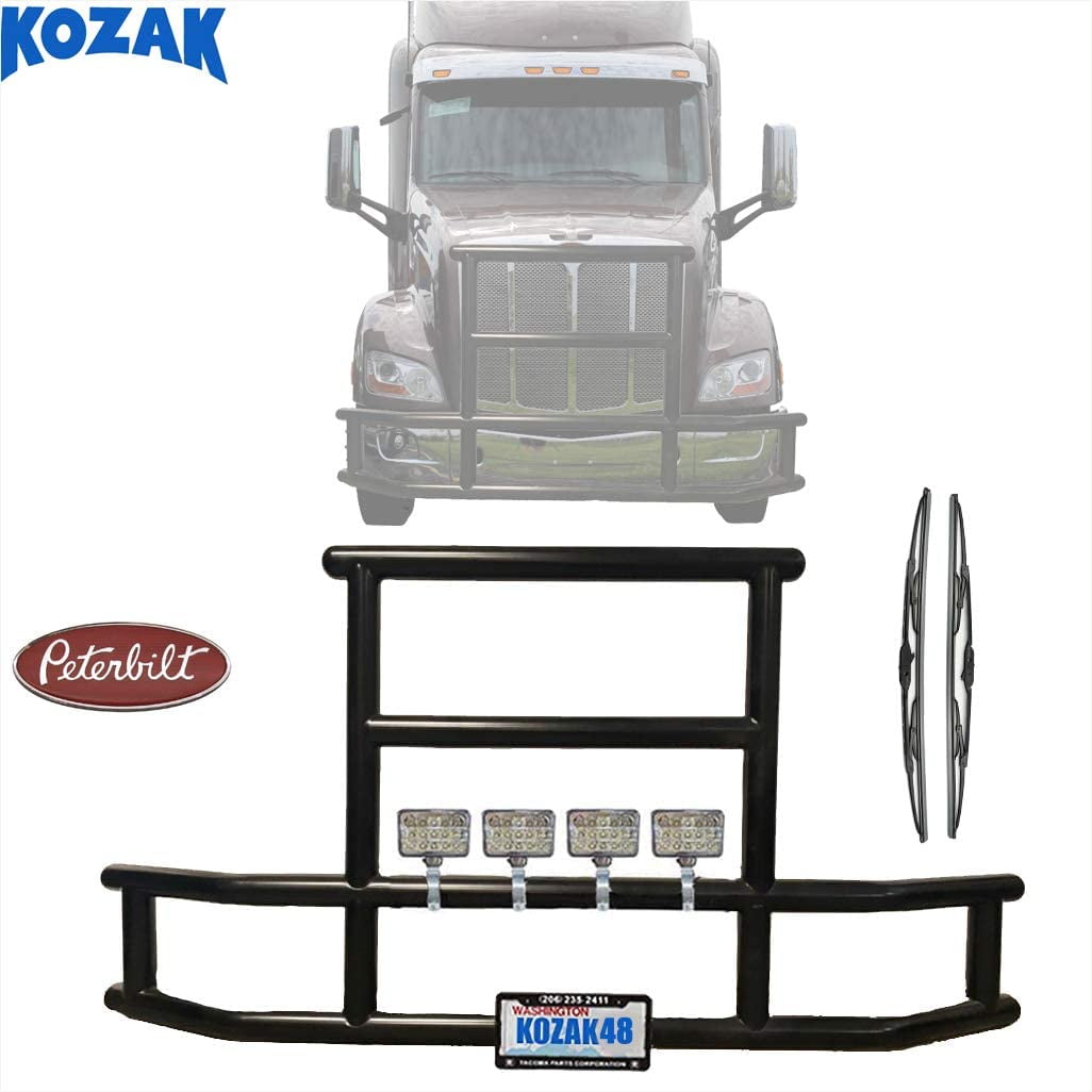 Full Bumper Grille Deer Brush Moose Guard for Peterbilt 579 Semi Truck Black 4x6 LED Lights