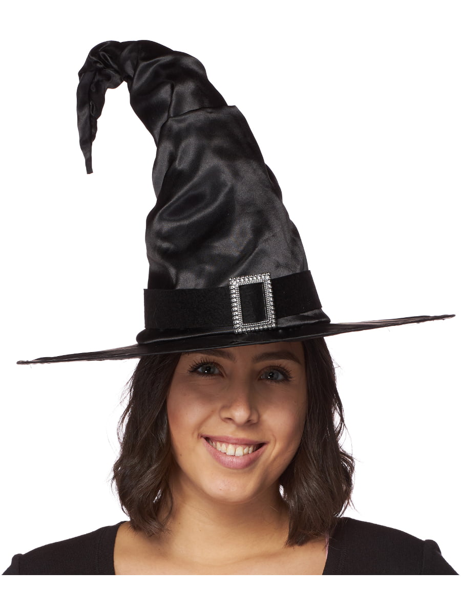 Satin Witch Hat Black Hair Wicked Fancy Dress Halloween Adult Costume Accessory 