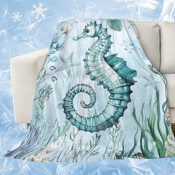 Coastal Seahorse Cooling Blanket,Lightweight Breathable Summer Throw Blanket with Double Sided Cold Effect,Ocean Nautical Starfish Seashells Coral Picnic Blankets Bed Sheet for Hot Sleepers 60"x80"