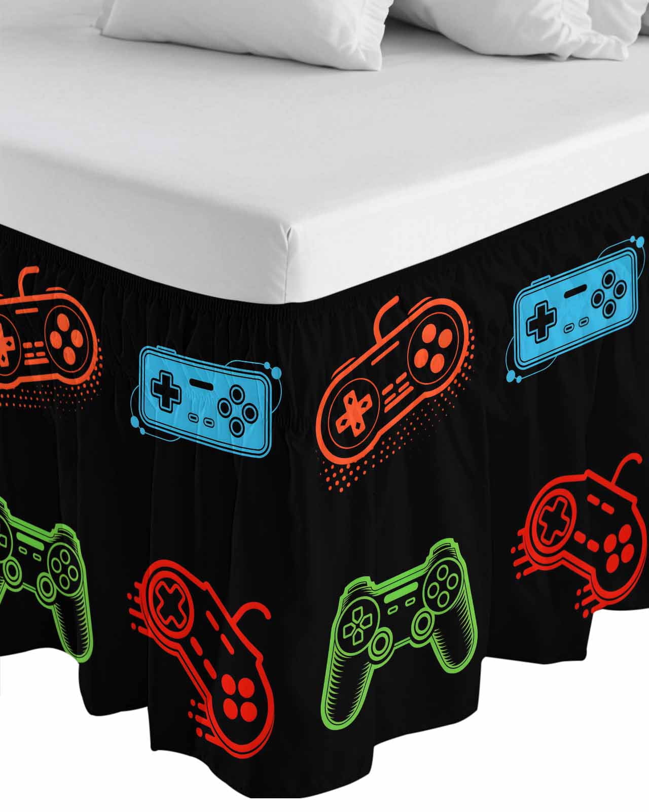 Game Controller Bed Skirt Queen Size, Modern Art Gaming Handheld Black Wrap Around Bed Skirting with Adjustable Elastic Strap, Dust Ruffle Pleated Bedskirts 16 Inch Drop for Bedroom Queen Beds