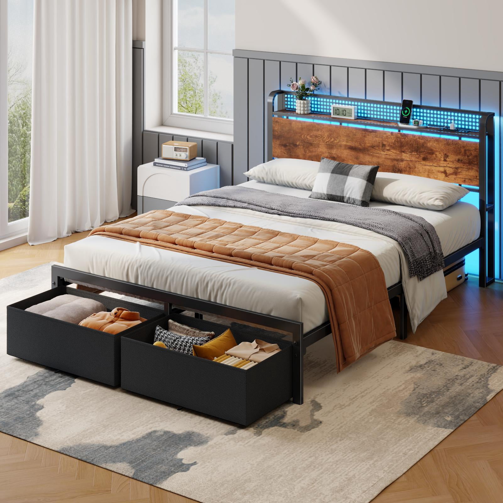 Satifur Farmhouse Queen Bed Frame with 2 Storage Drawers and Headboard, No Box Spring Needed