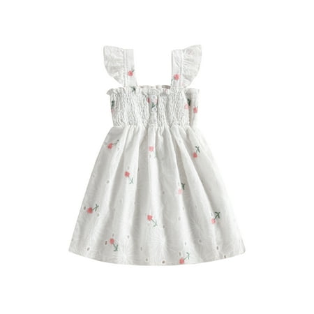 

Bmnmsl Toddler Girls Summer Casual Sling Dress White Sleeveless Button Floral Princess Dress