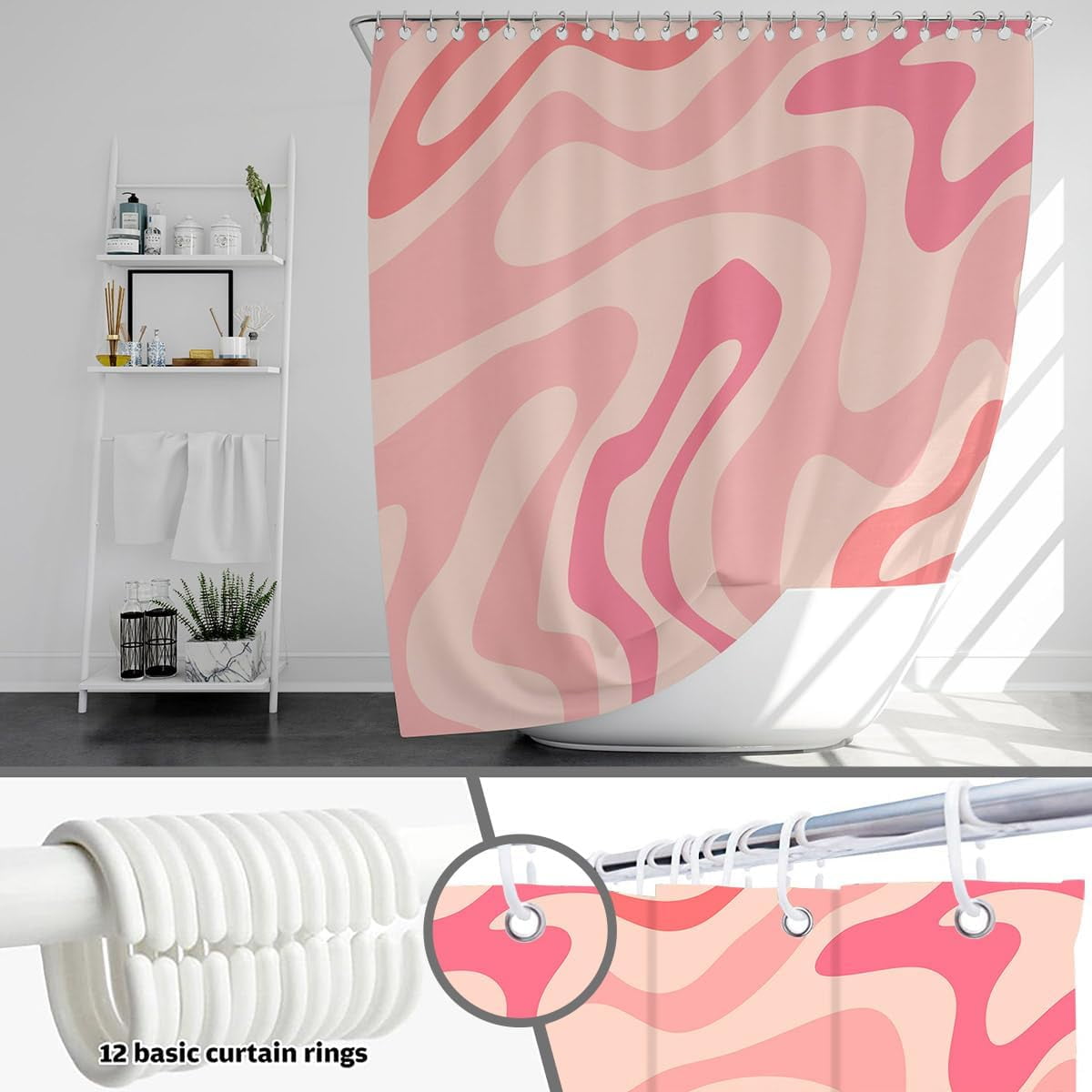 Pink Daisy Floral Shower Curtain Set - Waterproof Polyester, 72x72 Inches With 12 Hooks