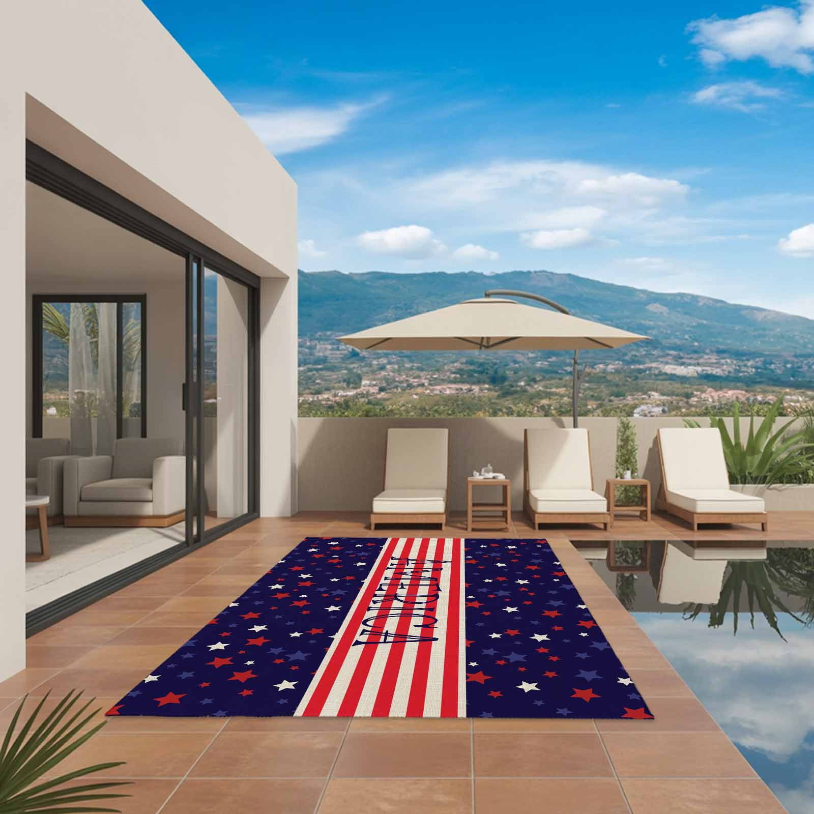 American Flag Outdoor Rug for Patio/Deck/Porch, Non-Slip Large Area Rug 3 x 5 Ft, Independence Day Red Blue Star Striped Indoor Outdoor Rugs Washable Area Rugs, Reversible Camping Rug Carpet Runner