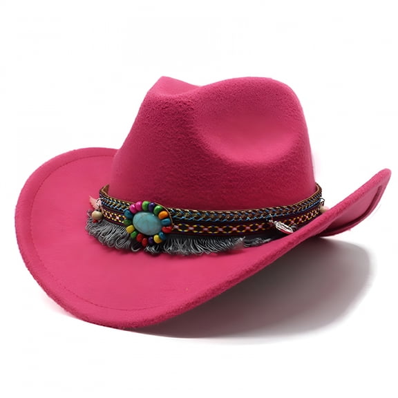 TELOLY Stylish Kids Cowboy Hat Solid Color Gemstone Boater Cap Wide Brim for Children Boys Girls Western Cowgirls Denim Cap,Hot Pink,4-12 Years