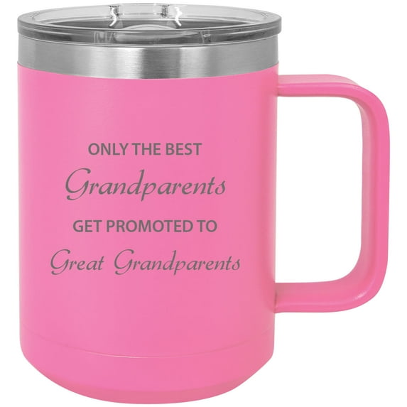 Only the Grandparents Get Promoted to Great Grandparents Stainless Steel Vacuum Insulated 15 Oz Engraved Travel Coffee Mug with Slider Lid, Pink