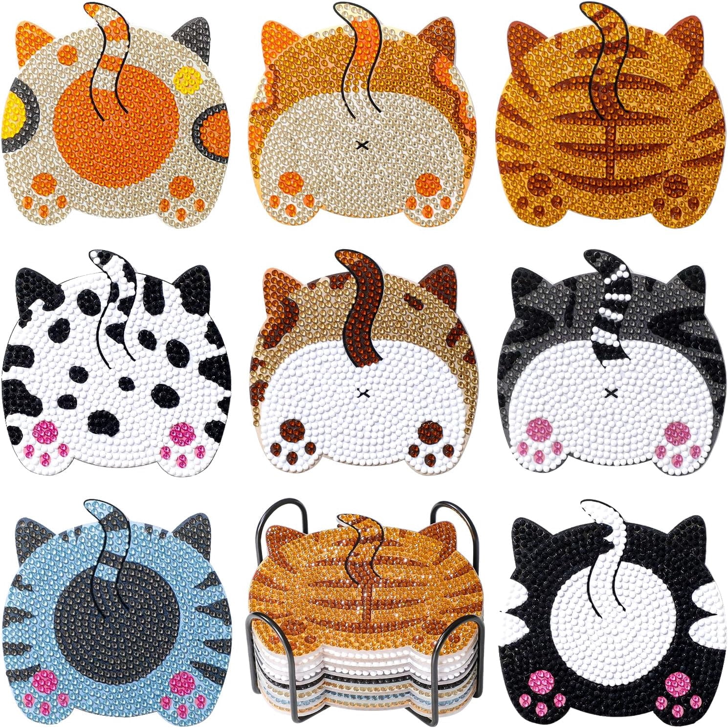 Diamond Art Painting Coasters Kits, Cat Butt Coaster with Holder, Non-Slip DIY Dot Paint Craft Kits, Funny Cat Lover Gifts