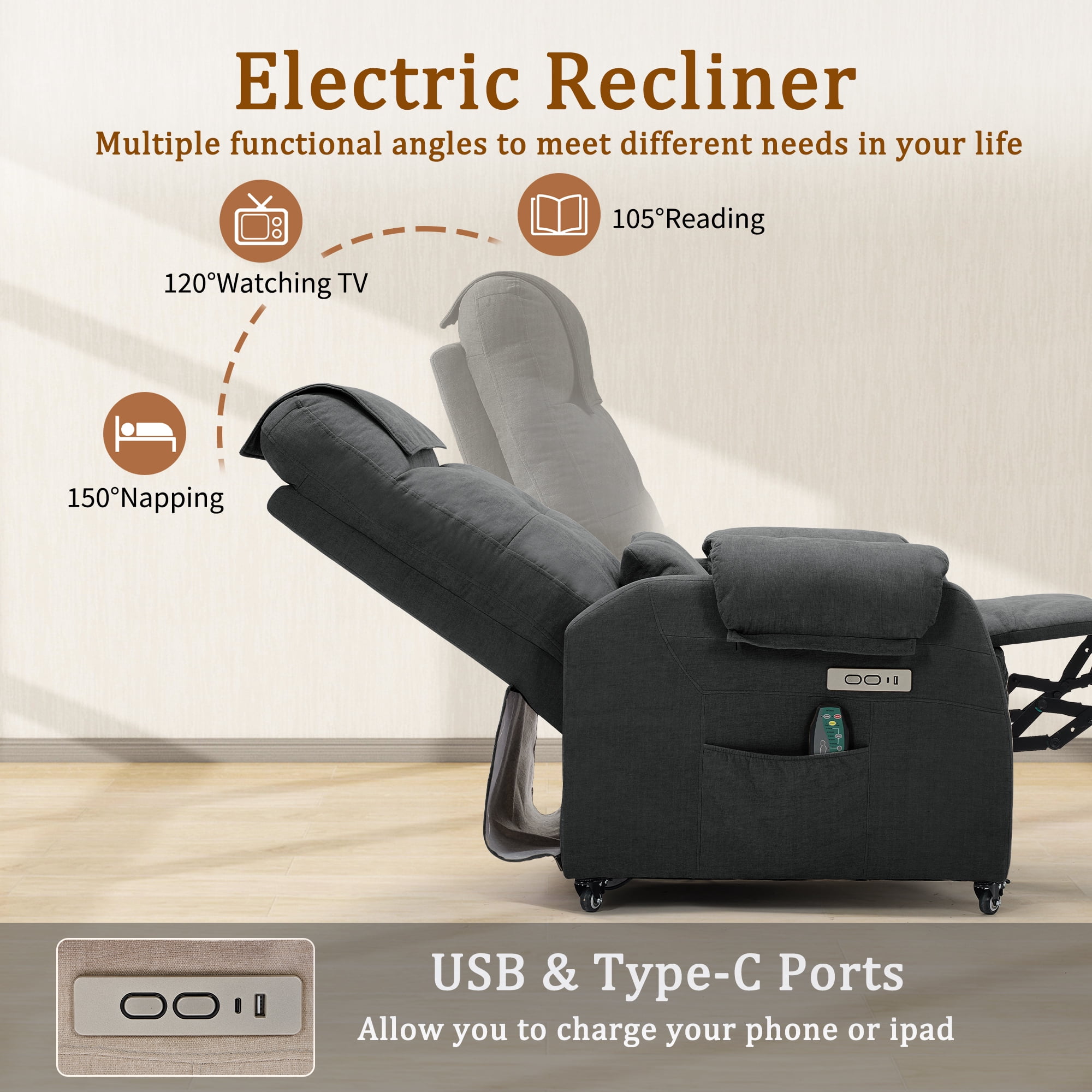Korser Power Small Recliner Chair for Small Spaces with Wheels and USB Ports for Living Room,Dark Gray