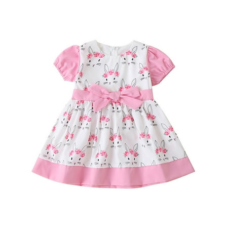 

Aunavey Toddler Baby Girl Cute Easter Outfit Short Sleeve Bunny Dress Summer Bowknot Tutu Skirt