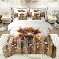 Manfei Brown Highland Cow Bedding Comforter Set 7pcs for Kids, Vibrant Groovy Flower Floral King Bedding Sets, Western Lake House Reversible Bed Sheets, Luxury Bedroom Decor