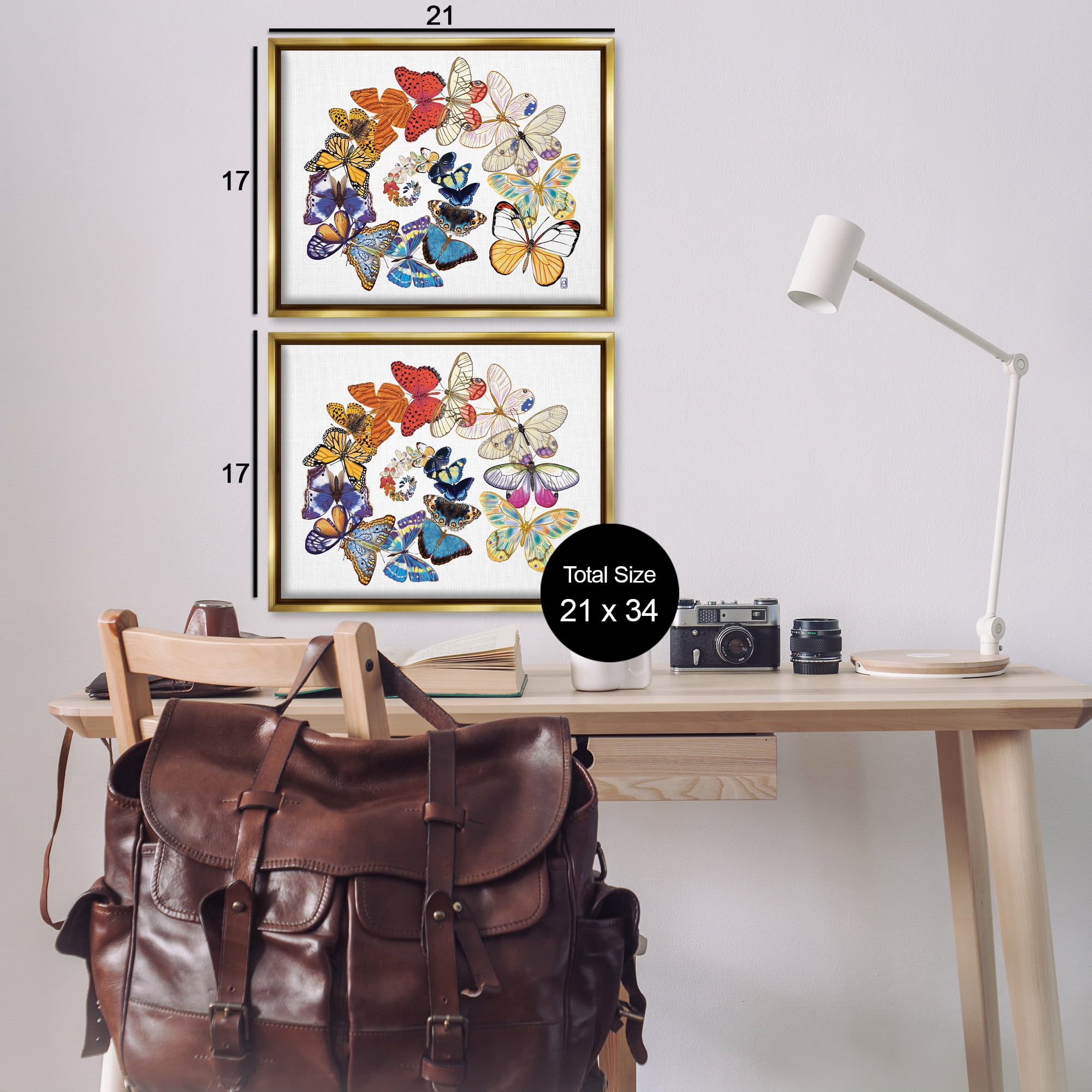 Stupell Industries Fly Away Butterfly Spirals Animals Painting Gold Floater Framed Canvas Art Print Wall Art, 21 x 17, Set of 2