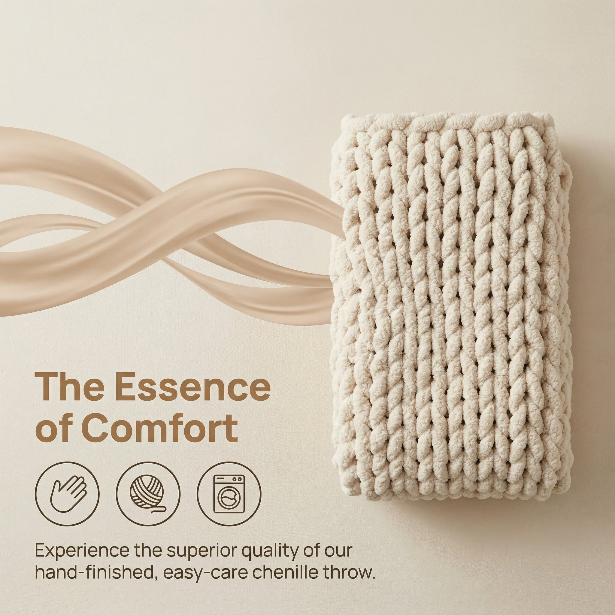 HomeCozy Chunky Knit Throw Blanket, 50x60 Inch Beige Soft Thick Chenille Blanket for Couch, Bed, Sofa, Cozy Hand Knitted Rope Knot Crochet Throw