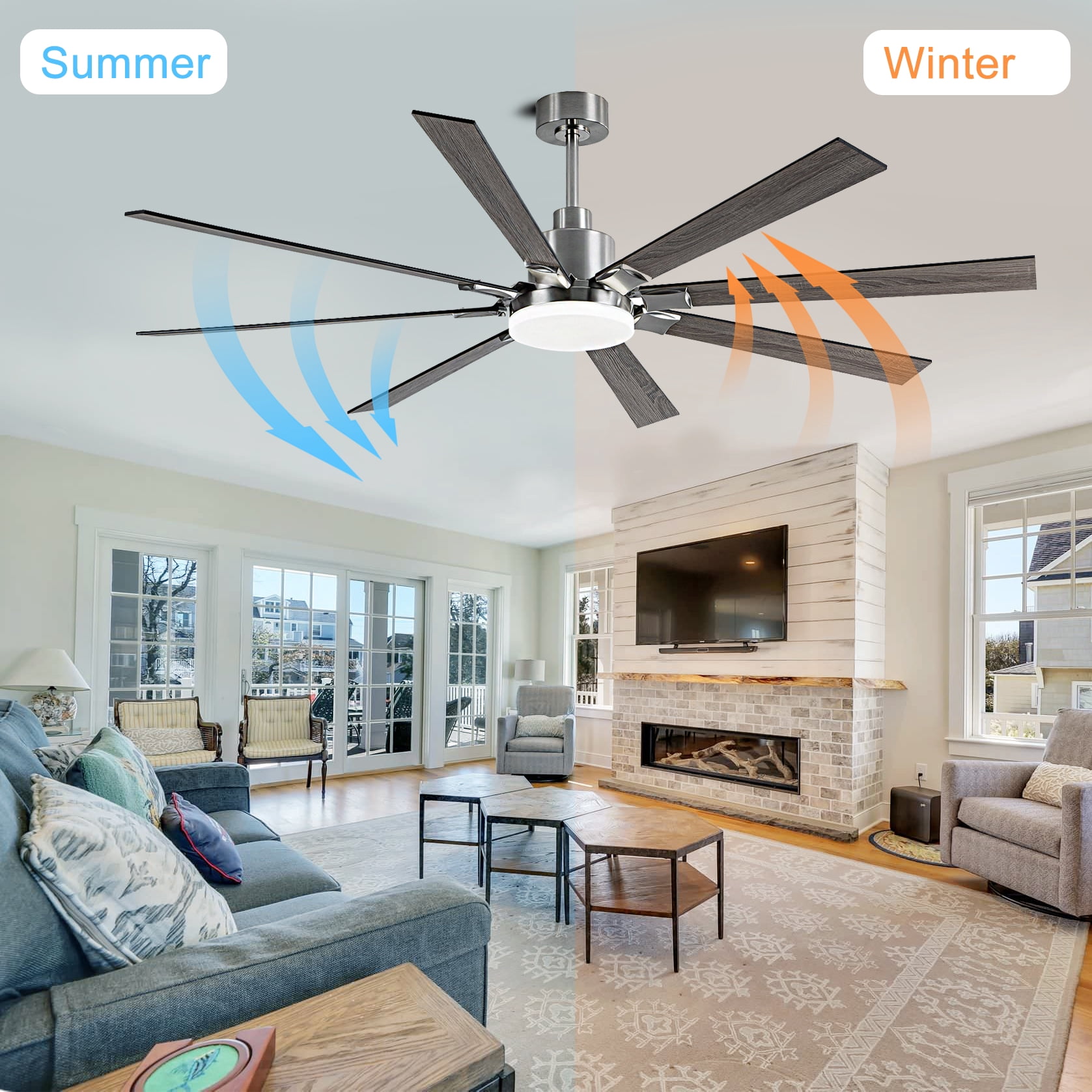 Mintazer 72 in Ceiling Fan with Lights and Remote, Modern Ceiling Fan with 6 Speed & 8 Blade for Farmhouse Bedroom Living Room Gazebo Patio, Silver