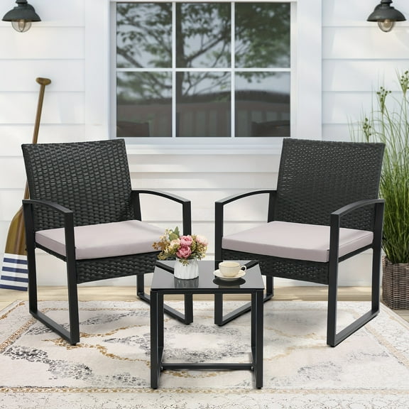 [Waterproof Patio Set] 3pcs Outdoor Patio Furniture Set, Waterproof Wicker Rattan Conversation Set | 2 Chairs And 1 Table Bistro Furniture Set, Thick Cushions with Safety Glass Table Top