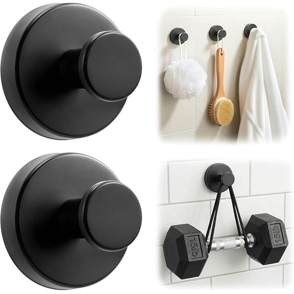 Upgraded Suction Cup Hooks for Shower, Heavy Duty Removable Towel Hooks for Bathroom Glass Door Wall, Stainless Steel Shower Hooks for Towel & Loofah (2 Pack, Black)