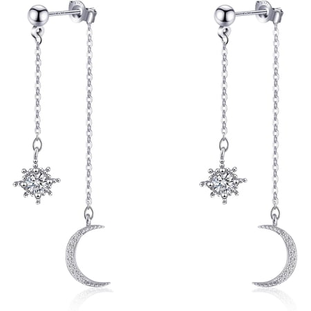 Moon and Star Dangle Earrings for Women Chain Tassel with Cubic Zirconia Drop Celestial Jewelry for Wedding Gift
