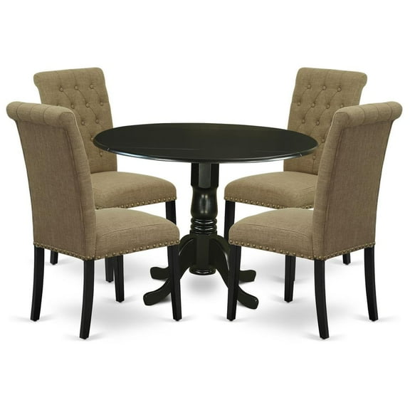DLBR5-BLK-17 5Pc Dining Set Includes a Small Round Dinette Table with Drop Leaves and Four Parson Chairs with Light Sable Fabric, Black Finish