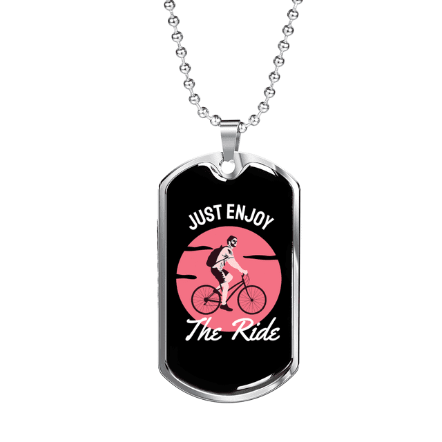 Just Enjoy The Ride Cycling Pink Necklace Stainless Steel or 18k Gold Dog Tag 24"