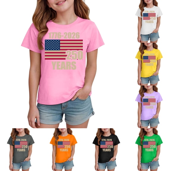 felwors 250 Anniversary USA Shirt for Girls Boys 250 America Shirt Short Sleeve Patriotic Flag Print Cute Tops 1776-2026 Tshirt Kids (2-3 Years, Pink)