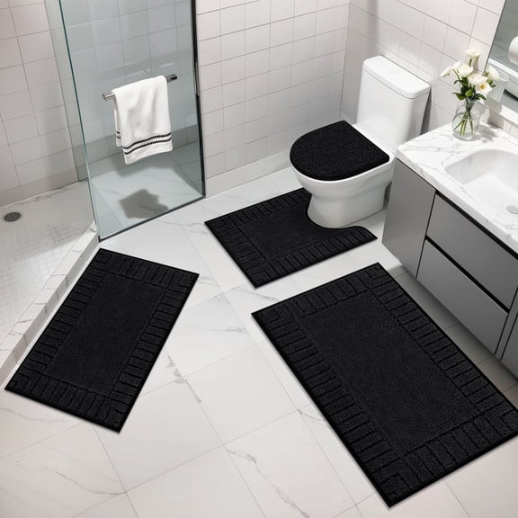 MeyJey Bathroom Rugs Set of 4 Piece, Bath Mats, Microfiber Non Slip Shaggy Ultra Soft Bathroom Runner with U Shaped Contour Toilet Mat for Bathroom, Shower Inside Floor, Black