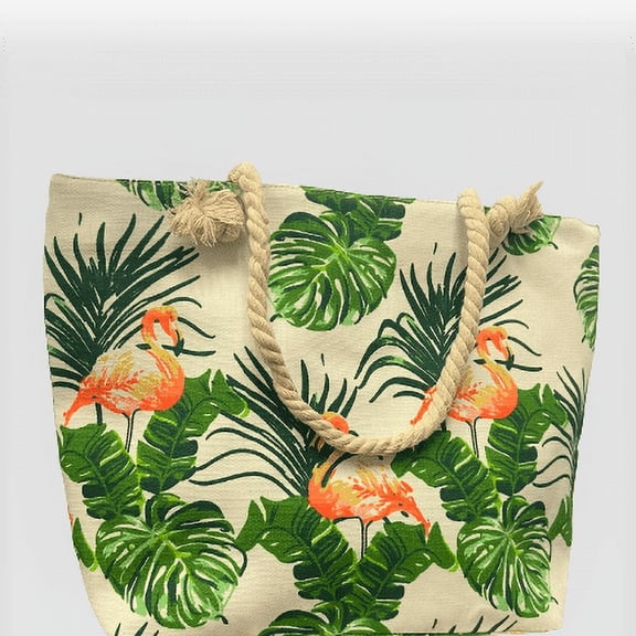 Beach Bag - White with Flamingos - 14 Inch x 14 Inch - Women Swim Pool Bag Large Tote