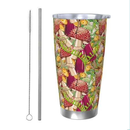 

KLL Colored Large Mushrooms and Leaves Print 40oz Stainless Steel Insulated Car Cup with Spillproof Lid - Keep Your Drink Hot or Cold on the Go-Straw Two-piece Set