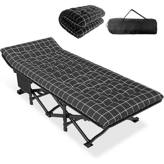 Camping Cot for Adults with Cushion Comfortable, Portable Folding Bed for Sleeping, Lightweight Folding Bed with Carry Bag for Kids Supports 450 lbs (Black)