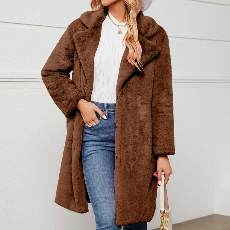 SMihono Trendy Young Girls Faux Fur Trench Coats Womens Ladies Warm Faux Furry Long Coat Jacket Winter Solid Turn Down Collar Outerwear Coffee 12