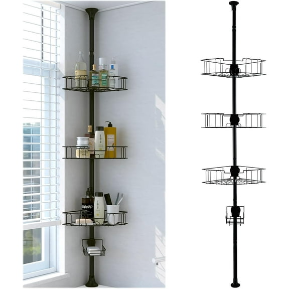 LCOKEIY Corner Shower Shelves, Adjustable 4 Tiers Shower Caddy Tension Pole, Extend from 39 to 125 Inch Shower Shelves for Inside Shower Black