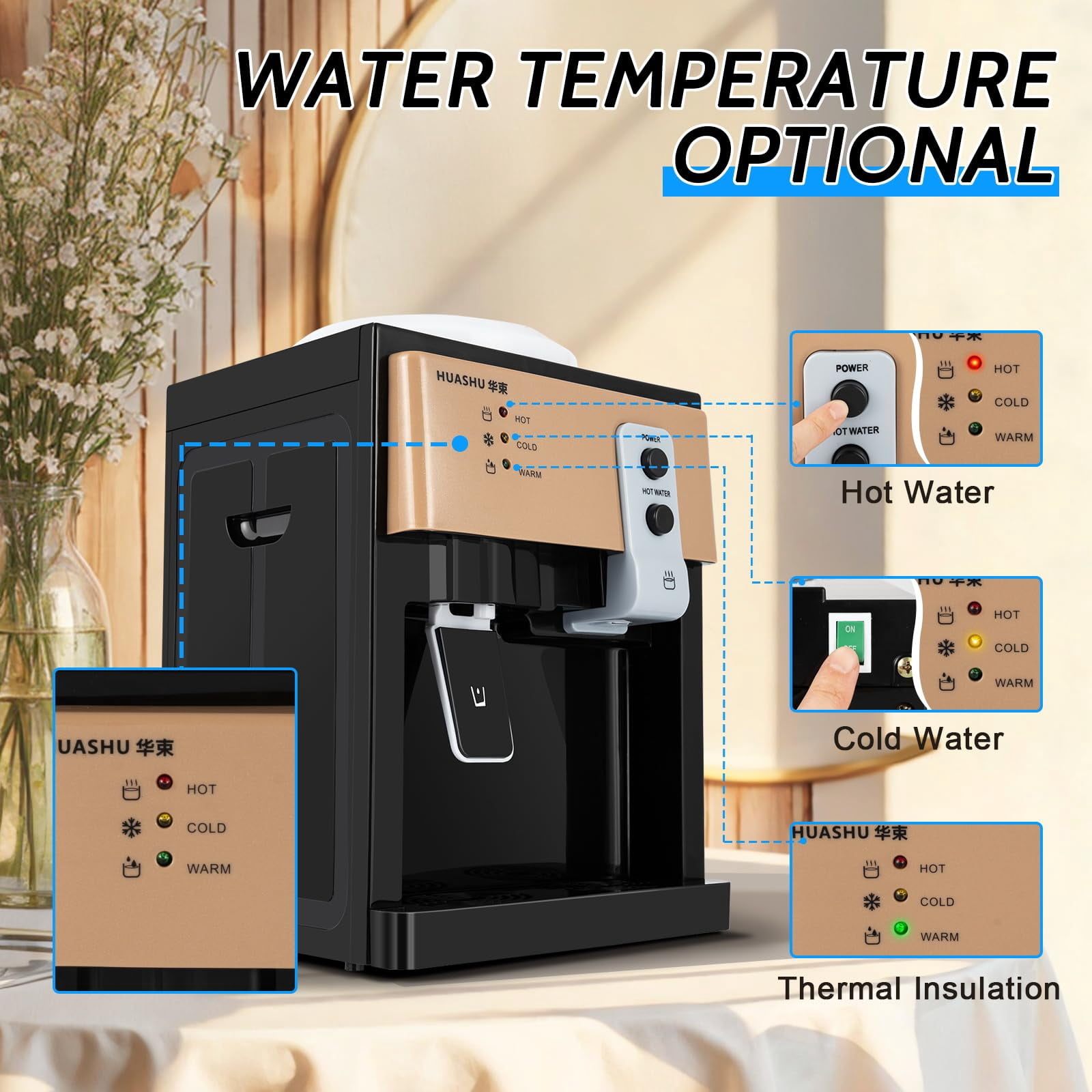 Top Loading Water Dispenser for 1- 5 Gallon Bottle, 550W Desktop Hot & Cold Cooler, Electric 3 Temperature Settings with Ice Water (46-59℉) & Boiling, for Home Office Gold
