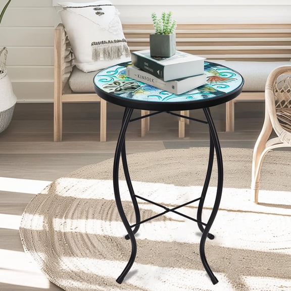 Round Mosaic Turtle Accent Table – 14 Inch Glass Top with Black Metal Frame, Indoor/Outdoor Side Table for Patio, Living Room & Bedroom