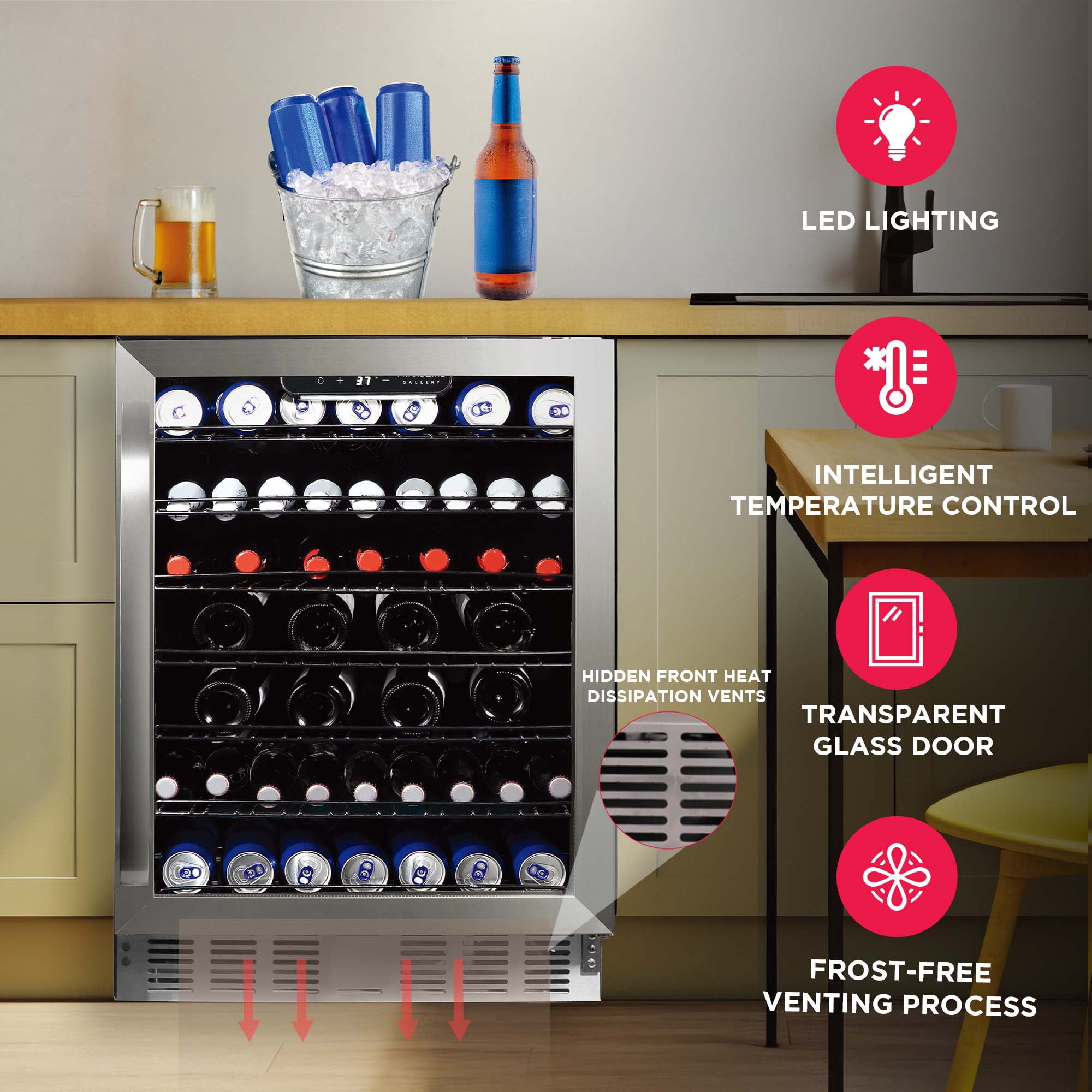 Frigidaire Gallery 24" Beverage Refrigerator with Glass Door, Holds 166 Cans or 56 Bottles, Built in or Freestanding Under Counter Beverage Fridge with LED Light
