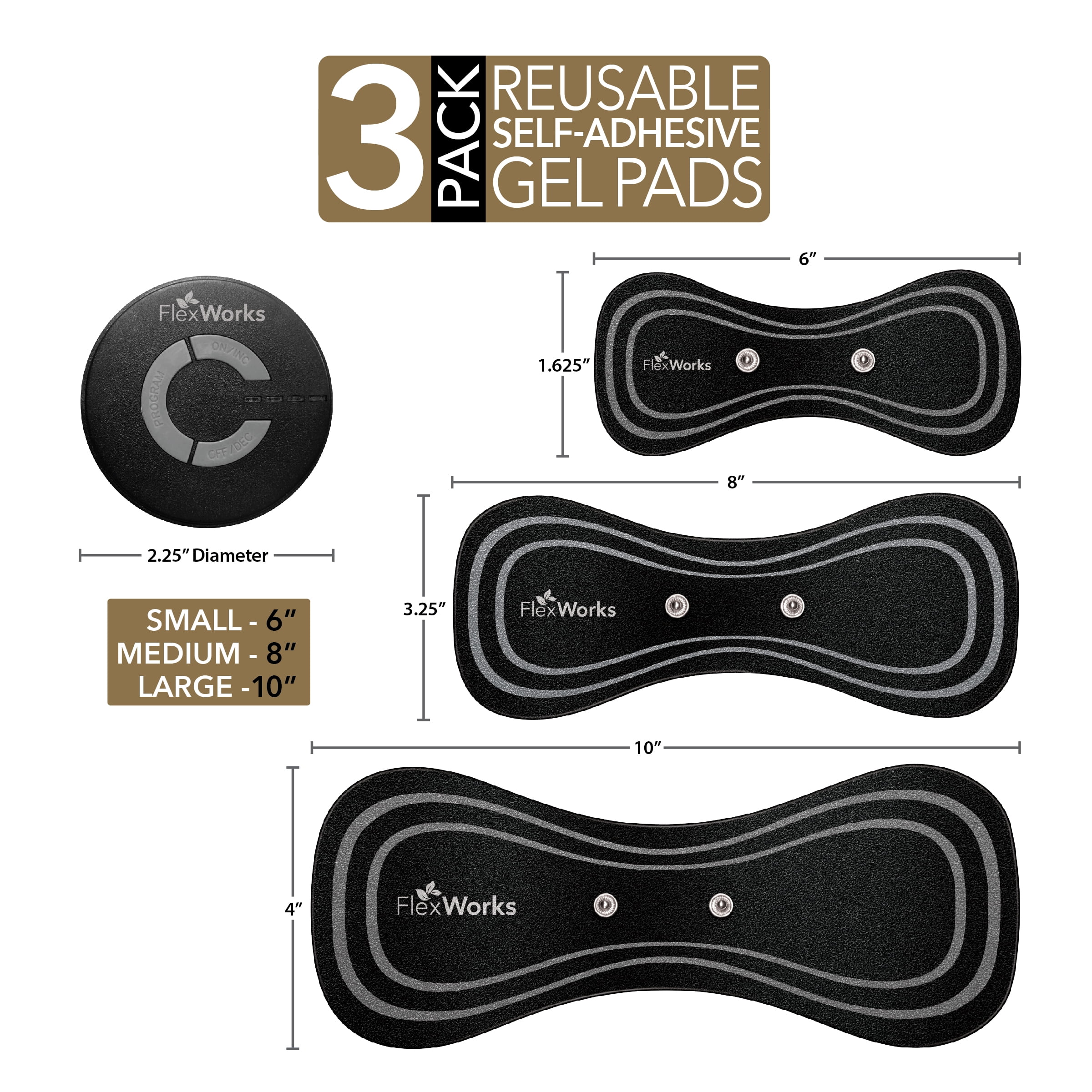 (7 pack) FlexWorks Electro Pulse Wireless Massager with 3 Pack of Reusable Self-Adhesive Gel Pads, Black