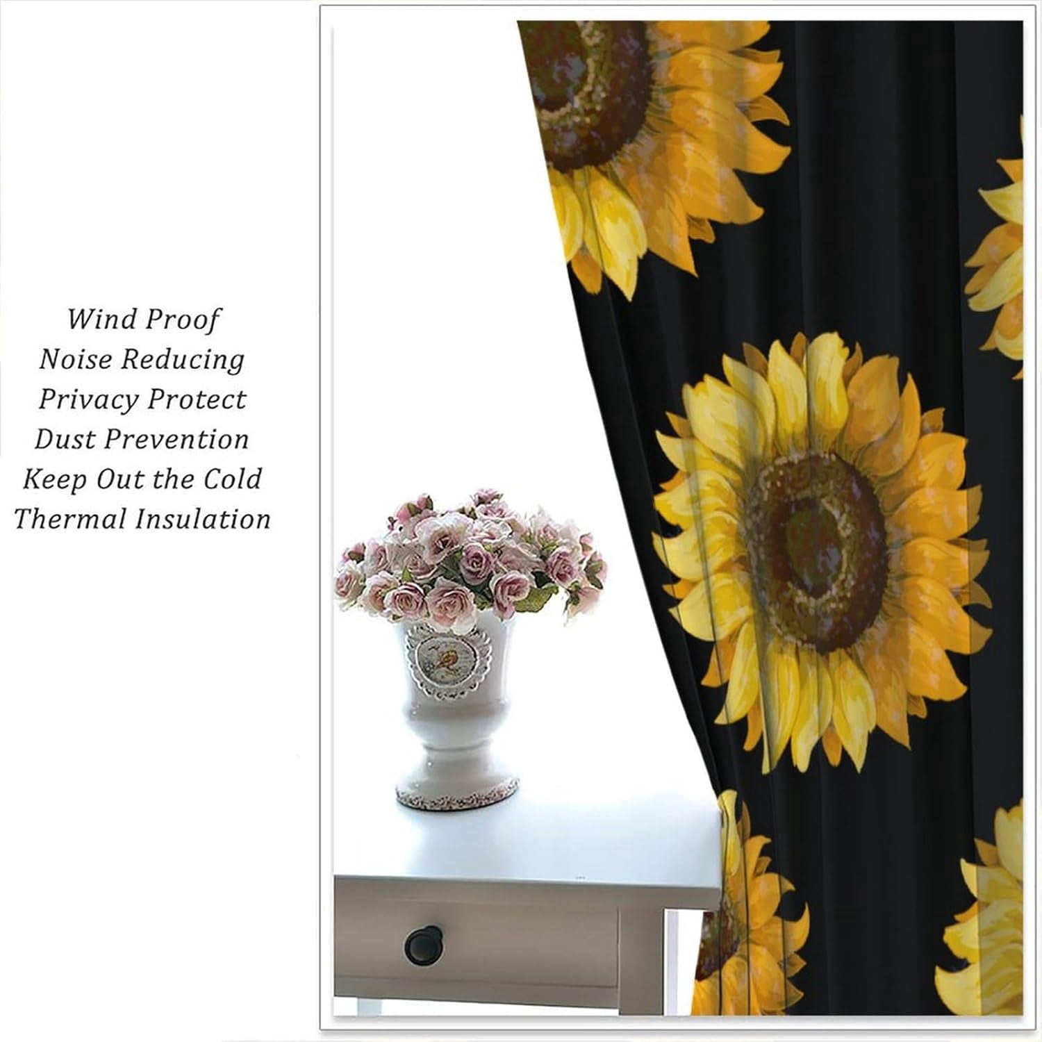 Sunflower Blackout Curtains Beautiful Flowers Yellow Black Rustic Nature Bedroom Living Room Kitchen Rod Pocket Decoration Window Drapes 2 Panels W42xL63in