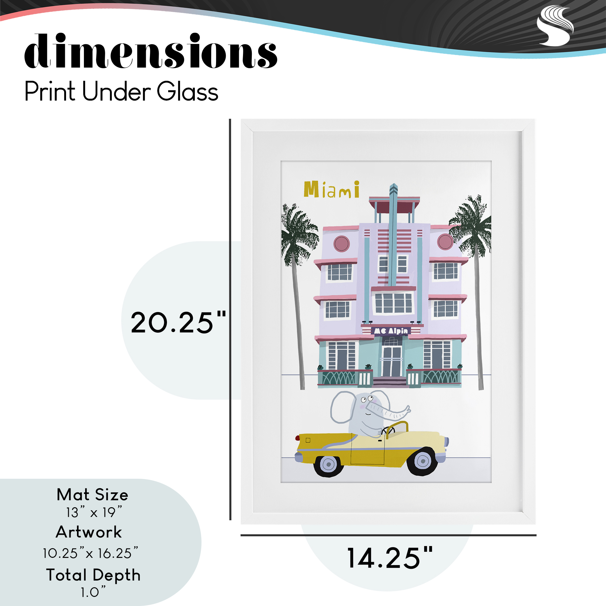 Elephant & Miami Hotel White Framed Print Under Glass, design by Carla Daly