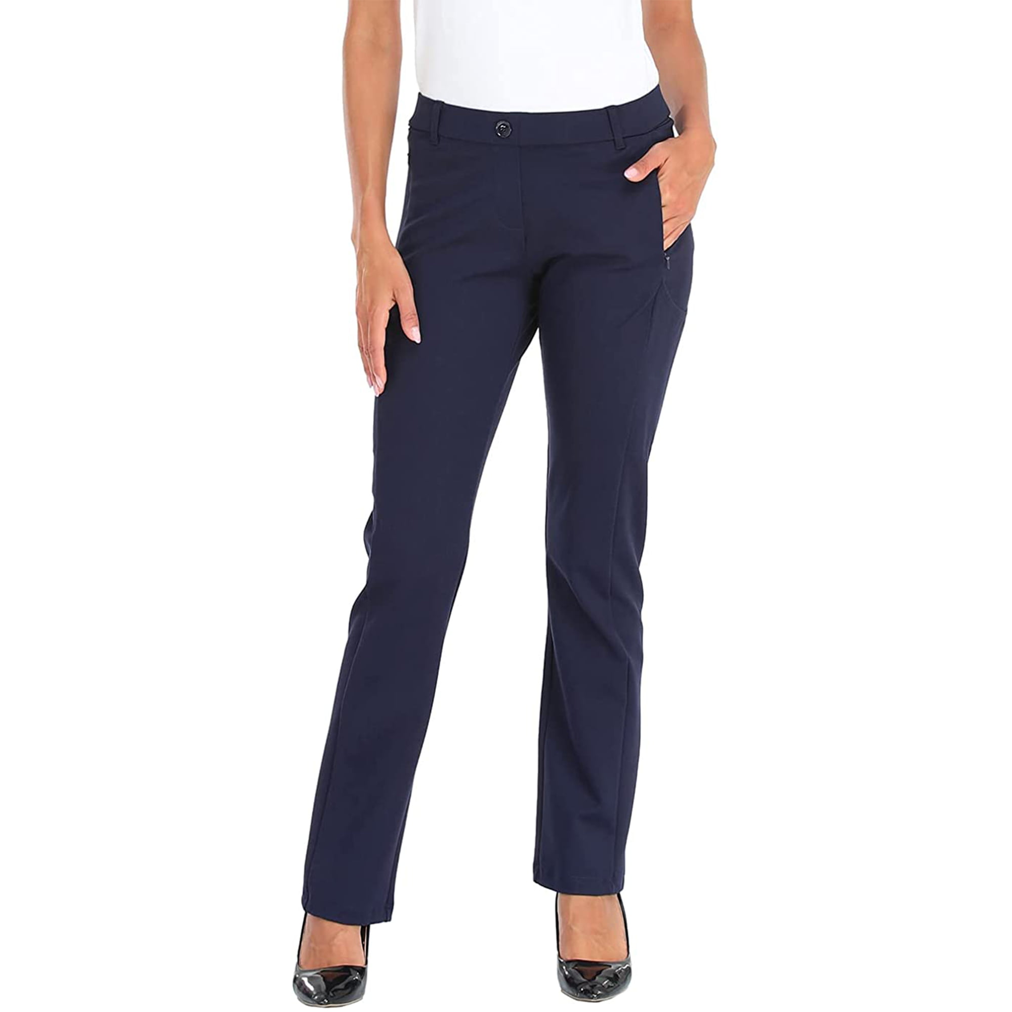 HDE Yoga Dress Pants for Women Straight Leg Pull On Pants with 8 Pockets  Navy Blue - XL Long
