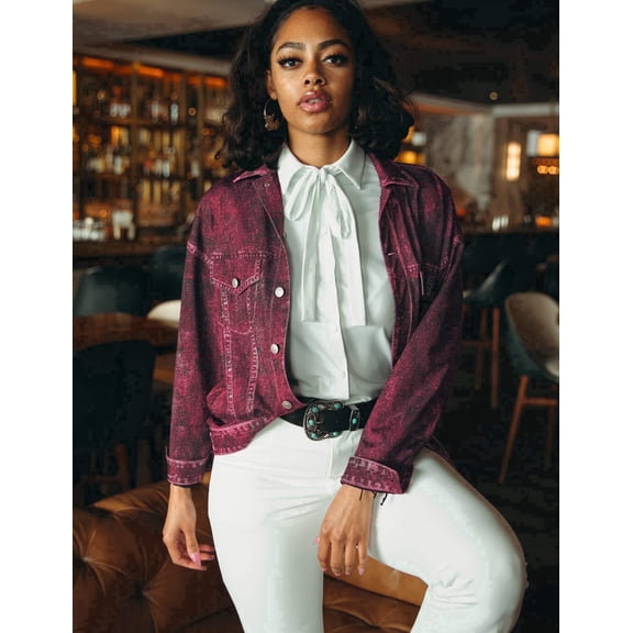 Long-Sleeve Printed Denim Athleisure Red, Denim Jacket (Women's) - Mrs Momma Bear
